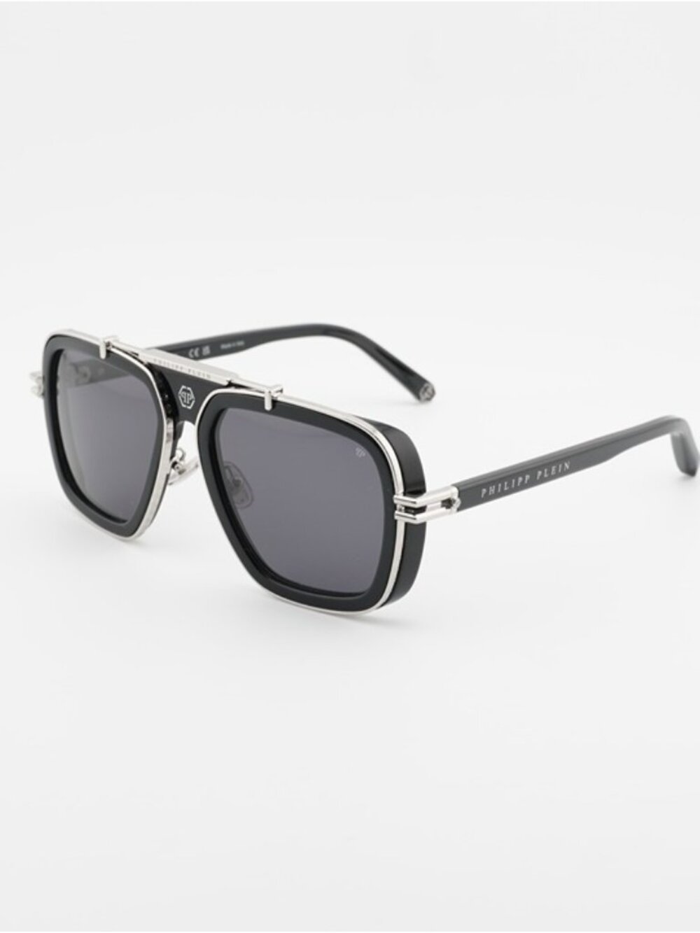 Philipp Plein SPP109M 0700 Sunglasses Shiny Black Aviator Frame, Grey Lenses